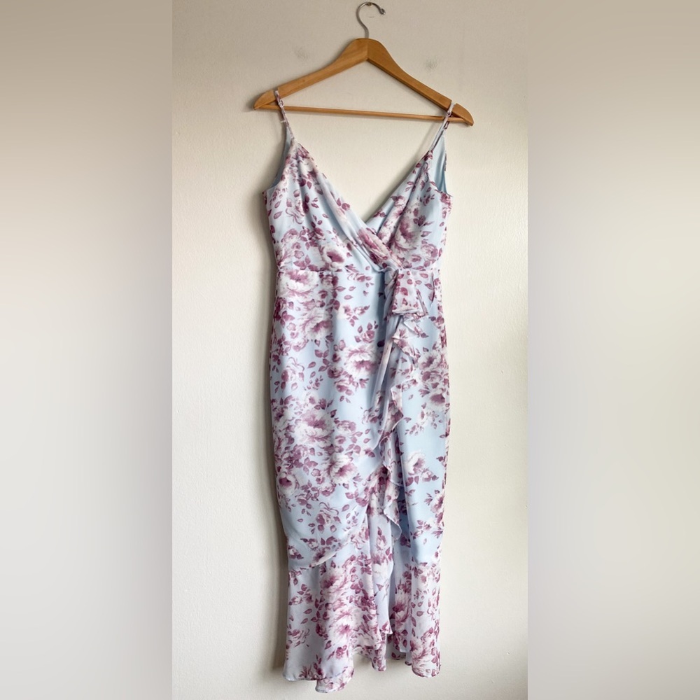 Bardot Floral Mermaid Midi Dress Faux Wrap Blue Burgundy Wedding Guest Fairy M - Picture 4 of 10